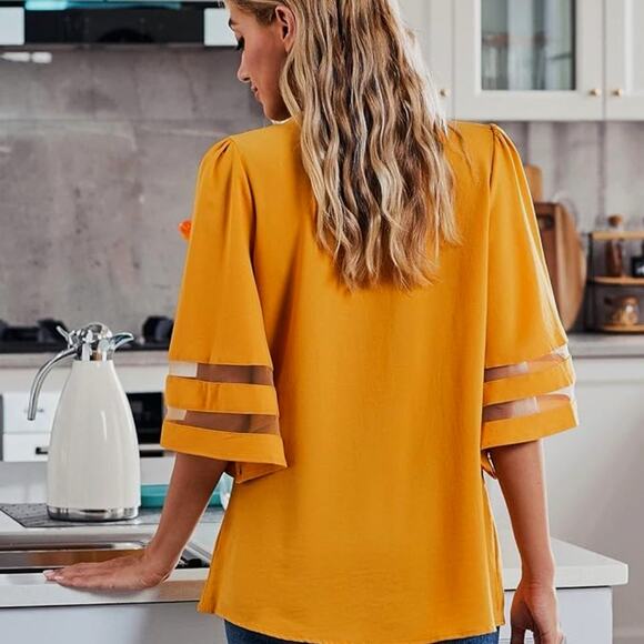 Casual V Neck 3/4 Bell Sleeve Mesh Panel Blouse Golden Glow XL - Picture 2 of 10